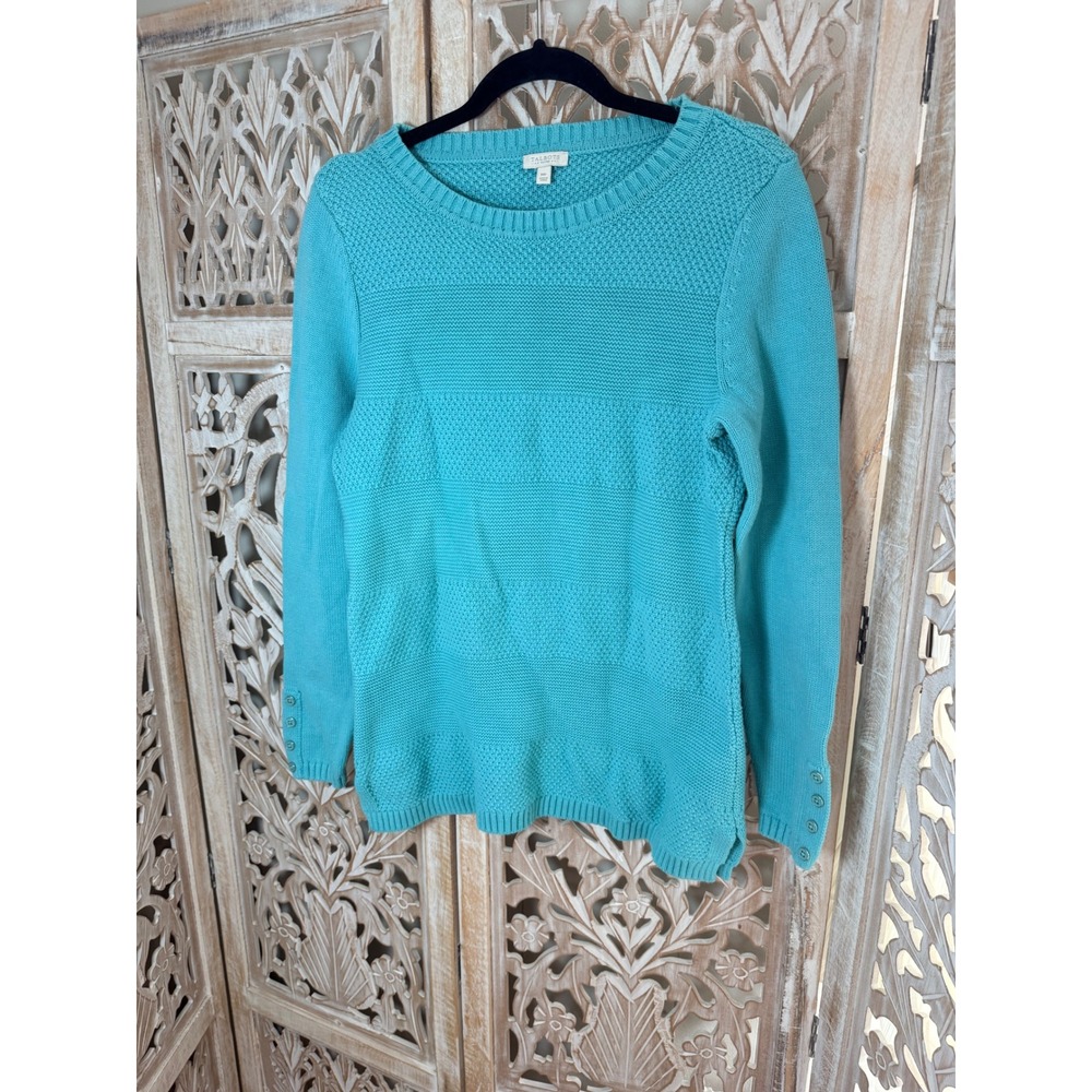 Talbots Aqua Blue Mixed Stitch Cotton Sweater Petite Medium Long Sleeve Button - Picture 2 of 6
